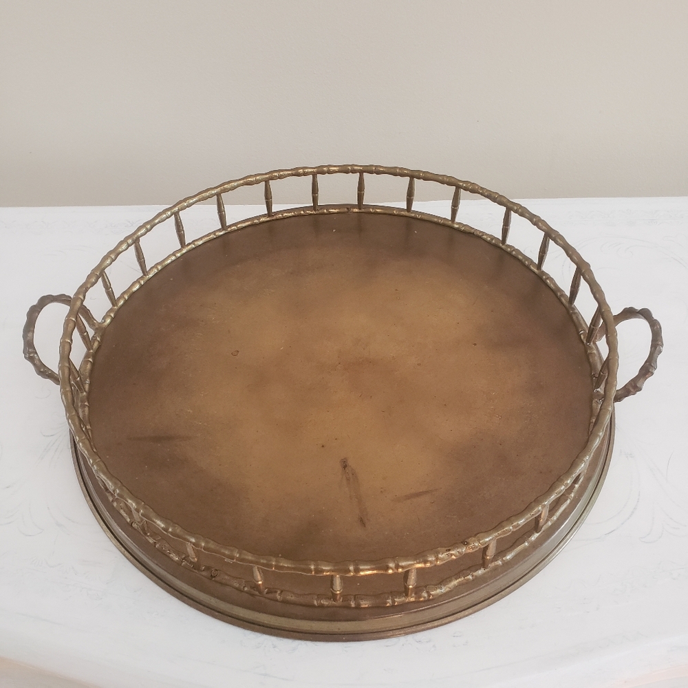 Solid Brass Vintage Round Bamboo Vanity Serving Tray Decor 11.5"